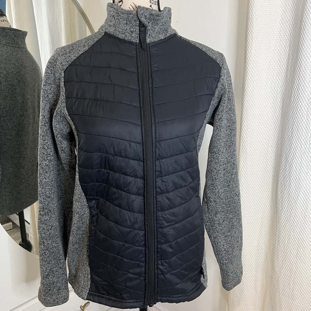 Black and Gray Hybrid Puffer Jacket with High Collar